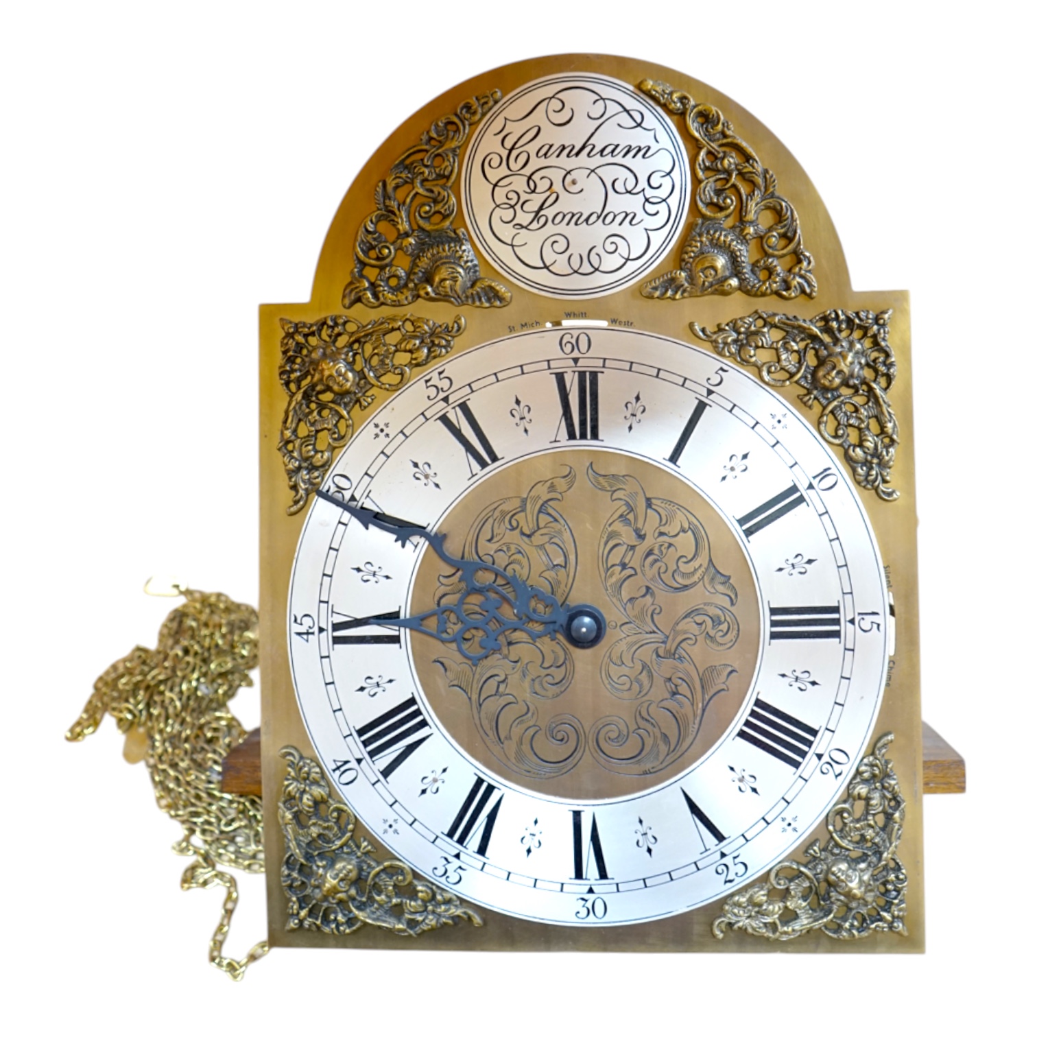 A Georgian style longcase clock movement and weights, 37cm high. Condition - good